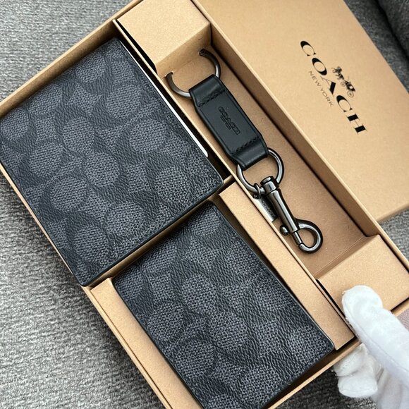 NWT COACH Men's Black 3 Piece Canvas Calf Leather Wallet Set in Gift Box CW344 - Picture 7 of 7